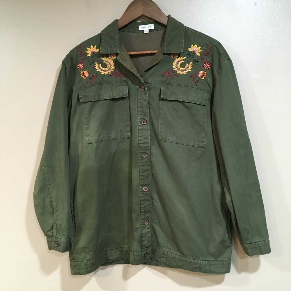 Skylar+Jade Embroidered Floral Utility Shacket Jacket Women M Green Cottage Boho